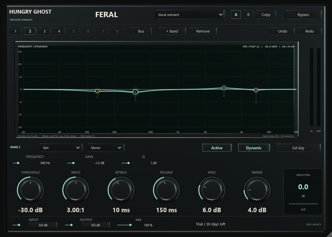 The actual Hungry Ghost FERAL interface: eight-band dynamic EQ graph above metal rotary controls